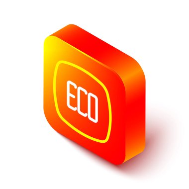 Beyaz arkaplanda Isometric line Leaf Eco sembol simgesi izole. Pankart, etiket, etiket, logo, çevre yeşili etiketi. Turuncu kare düğme. Vektör