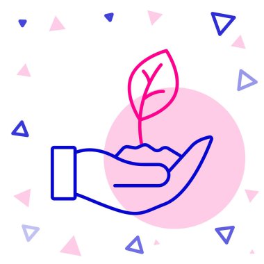 Çevre koruma ikonunun elinde bulunan Hat Tesisi beyaz arka planda izole edildi. Tohum ve tohum. Fidan dikiyorum. Renkli taslak konsepti. Vektör