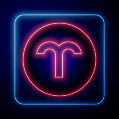 Parlayan neon rengi Koç burcu simgesi siyah arkaplanda izole edilmiş. Astrolojik yıldız falı koleksiyonu. Vektör