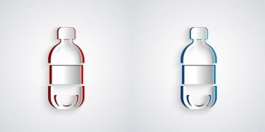 Kağıt kesiği, gri arkaplanda izole edilmiş bir şişe su ikonu. Soda su içme tabelası. Kağıt sanatı tarzı. Vektör
