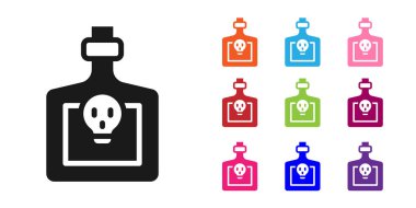 Beyaz zemin üzerinde iksir ikonu olan siyah şişe. Sihirli iksirli matara. Mutlu Cadılar Bayramı Partisi. Simgeleri renklendirin. Vektör