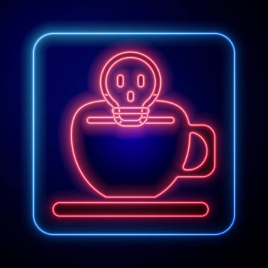 Siyah arka planda kafatası ikonu olan parlak neon kahve fincanı. Vektör