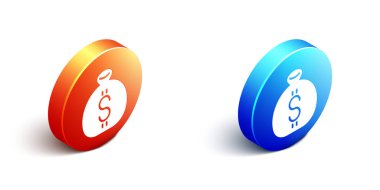 Isometric Para Çantası simgesi beyaz arkaplanda izole edildi. Dolar ya da USD sembolü. Nakit bankacılık tabelası. Turuncu ve mavi daire düğmesi. Vektör