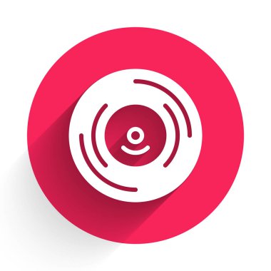 Beyaz Vinil disk simgesi uzun gölge arkaplanı ile izole edildi. Kırmızı daire düğmesi. Vektör