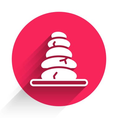 Beyaz Yığın sıcak taş simgesi uzun gölge arkaplanı ile izole edildi. Spa salonu aksesuarı. Kırmızı daire düğmesi. Vektör