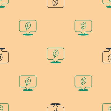 Yaprak simgesine sahip yeşil ve siyah konum bej arka planda izole edilmiş pürüzsüz desen. Çevre enerjisi kavramı. Alternatif enerji kavramı. Vektör