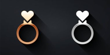 Altın ve gümüş alyanslar siyah arka planda izole edilmiş. Gelin ve damat mücevher tabelası. Evlilik sembolü. Elmas yüzük. Uzun gölge tarzı. Vektör