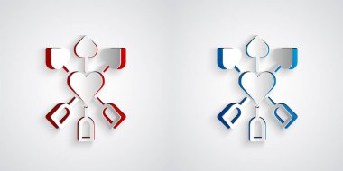 Kağıt kesiği Amour sembolü. Gri arkaplanda kalp ve ok simgesi var. Aşk işareti. Sevgililer günün kutlu olsun. Kağıt sanatı tarzı. Vektör