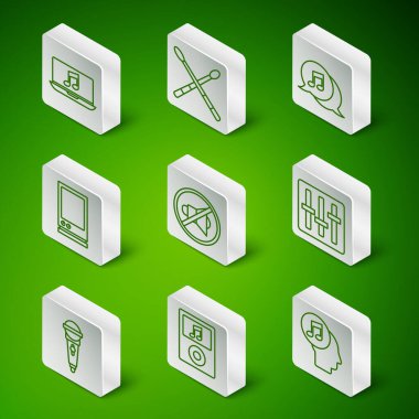 İnsan kafası, çalgıcı, müzikli dizüstü bilgisayar, hoparlör, ses asistanı, bateri çubukları, mikrofon ve ses karıştırıcı ikonu gibi satırları ayarla. Vektör