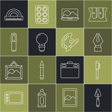 Palet bıçağı, tükenmez kalem ucu, dizüstü bilgisayar, ampul, fosforlu kalem, palet ikonlu boya fırçası. Vektör