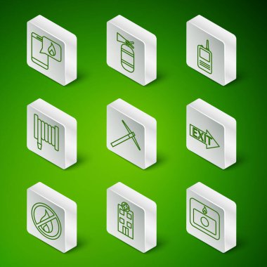 Yangın alarmı sistemi, hastane binası, 911 'i arayın, kazma, hortum makarası, yangın söndürücü, yangın söndürme ikonu yok. Vektör