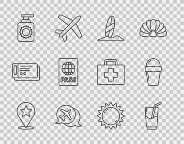 Yıldız, Kokteyl ve alkol içeceği, sörf tahtası, konuşma balonlu uçak, güneş kremi spreyi şişesi, pasaport ve dondurma külahlı gözleme ikonu ile çizgi işaretleyicisini ayarlayın. Vektör