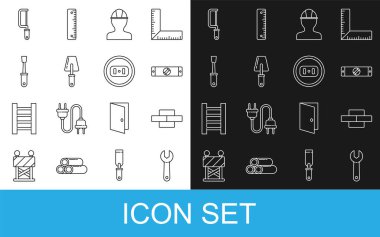 Hat anahtarlarını, Bricks 'i, inşaat baloncuk seviyesini, işçi kaskını, Trowel' i, tornavidayı, elektrikli testereyi ve elektrik çıkış ikonunu ayarla. Vektör