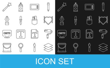 Çizgi tabaka, boya fırçası, Bezier eğrisi olan kalp, grafiksel tablet, Pipette, dolmakalem ucu, sihirli değnek ve çapraz cetvel ikonu. Vektör