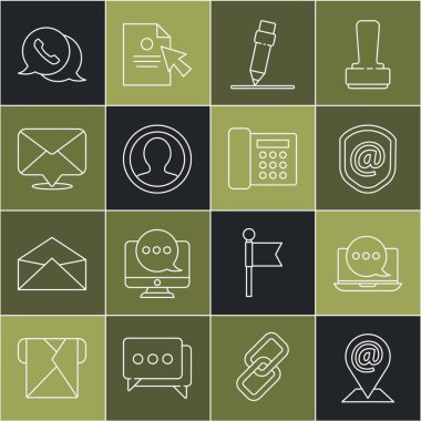 Satır konumunu, e-postayı, Sohbet mesajlarını, bildirim dizüstünü, Kalem silgisini, Hesap Ekranı Oluştur, Zarfı, Telefon konuşma balonu sohbetini ve simgeyi ayarla. Vektör