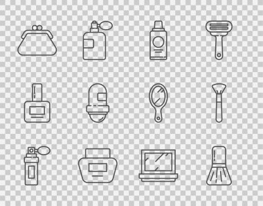 Parfüm, makyaj fırçası, bir şişe şampuan, krem ya da losyon kozmetik tüp, debriyaj torbası, terleme önleyici deodorant rulo, ayna ve ikon tozu. Vektör