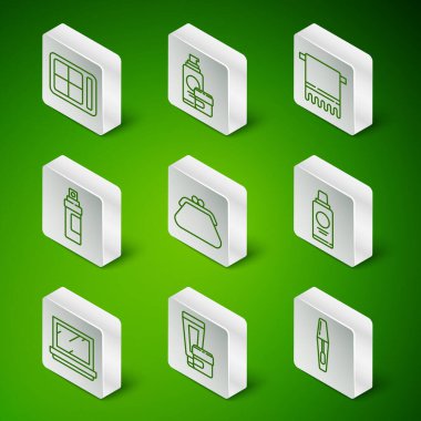 Mascara fırçası, krem ya da losyon kozmetik tüpü, göz farı paleti, debriyaj çantası, parfüm, aynalı makyaj tozu ve şampuan ikonu. Vektör