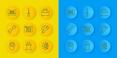 Hat insan kafası, içinde teçhizat, anahtarlık, ev planı, algoritma, kalem ve, Araç Kutusu ve tornavida simgesi. Vektör