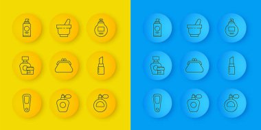 El aynası, krem losyon kozmetik tüp, debriyaj çantası, parfüm, ruj, saç spreyi için sprey kutusu ve havan topuzu ikonu. Vektör