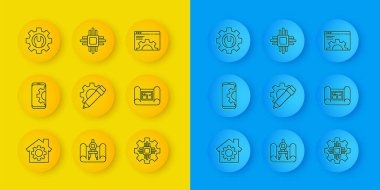 House 'u ekipmanla donat, akıllı telefon, kalem ve işlemci, plan, anahtarlar, tarayıcı ayarları ve mikro devre işlemci simgesine ayarla. Vektör