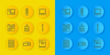 Satır Hesap Makinesi, Takvim, Yapıştırıcı, Kahve Makinesi, Silgi, Bilgisayar monitörü, Laptop ve Kırtasiye bıçağı ikonu. Vektör