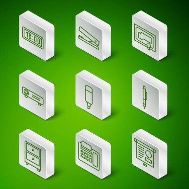 Çizelge tahtasını diyagram, telefon, dijital alarm saati, İşaretleyici kalem, Film, film, medya projektörü, ofis zımbası, çekmece belgeleri ve kalem simgesi ile ayarla. Vektör