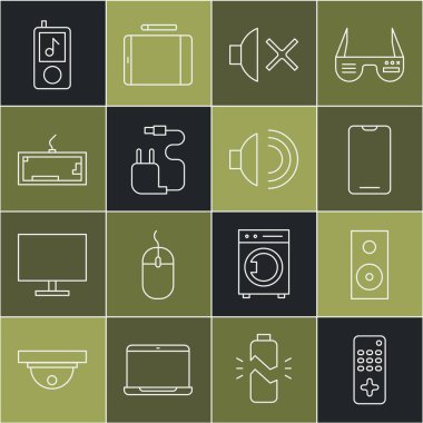 Hat uzaktan kumandası, Stereo hoparlörü, akıllı telefon, cep telefonu, hoparlör sesi, Charger, klavye, müzik çalar ve ses simgesi ayarla. Vektör