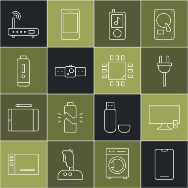 Hat Smartphone, cep telefonu, TV, elektrik prizi, müzik çalar, Smartwatch, pil şarj seviyesi göstergesi, Router ve wi-fi sinyali ve mikro devre işlemci simgesini ayarla. Vektör