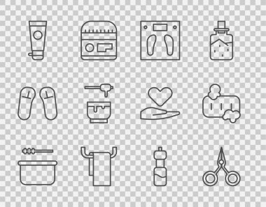 Sauna kovası ve kepçe, makas, banyo terazisi, askıda havlu, krem losyon kozmetik tüpü, ballı çubuk kase, bir şişe su ve köpük ikonlu bar sabunu. Vektör