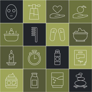 Sıraya dizilmiş taş yığınları, Yaprak dökümanları, kaptaki deniz tuzu, kalp el fırçası, saç fırçası, küvet, yüz estetiği maskesi ve terlik ikonu. Vektör