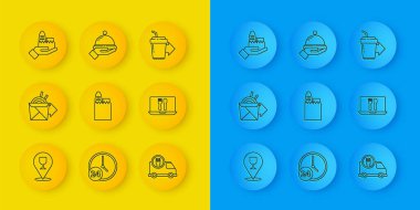 Alkol ya da bira barı, internetten erişte siparişi, alışveriş poşeti ve yiyecek, arabayla hızlı kahve fincanı ve tepsi ikonu. Vektör