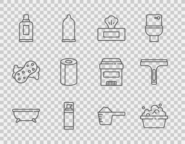 Küvet, sabun köpüklü leğen, ıslak mendil, tıraş jeli köpüğü, temizlik malzemesi şişesi, kağıt havlu rulosu, çamaşır deterjanı ve plastik temizleme ikonu. Vektör
