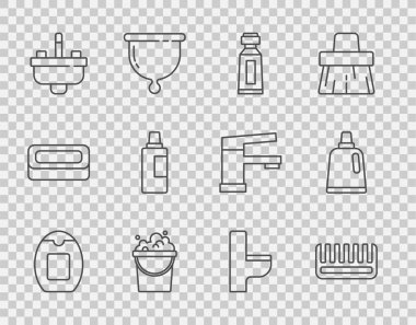 Şampuan şişesi, saç fırçası, tüp diş macunu, sabun köpüklü kova, lavabo musluğu, temizlik malzemesi, klozet kasesi ve ikon. Vektör