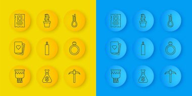 Set hattı Drum, iskambil kağıtları, Dinamit bombası, su şişesi, aranıyor batı posteri, darağacı halatı asılı ve kaktüs peyote saksı ikonu. Vektör