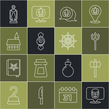 Kurukafa, tahta balta, Neptune mızrağı, balkabağı, şeker, kale, kamp feneri ve örümcek ağı ikonu. Vektör