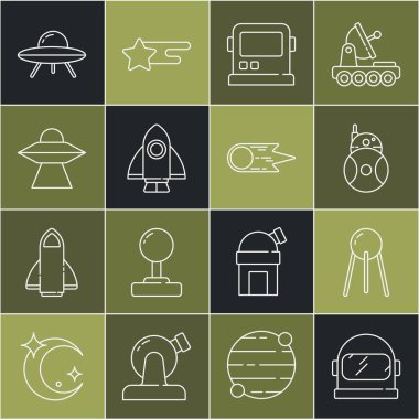 Astronot miğferi, uydu başlığı, robot, roket gemisi, uçan UFO gemisi ve hızla düşen kuyruklu yıldız ikonu. Vektör