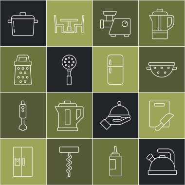 Su ısıtıcısını kulplu döşeme bıçağı, mutfak süzgeci, kıyma makinesi, Spatula, Grater, Tencere ve Buzdolabı ikonu ile ayarla. Vektör