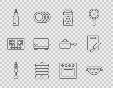Blender, Kitchen süzgeci, Grater, Slow Cooker, bir şişe zeytinyağı, Tost makinesi, fırın ve kesme tahtası bıçak ikonu. Vektör