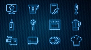 Şef şapkası, çaydanlık, kesme tahtası ve bıçak, Spatula, sos şişesi, konum, fırın ve ölçü kabı ikonu. Vektör