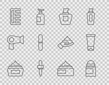 Krem ya da losyon kozmetik tüpü, terleme önleyici deodorant rulosu, Pipette, saç fırçası, tırnak törpüsü ve ikon. Vektör