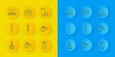 Çizgi makas, tırnak törpüsü, Mascara fırçası, krem losyon kozmetik tüpü, parfüm, aynalı makyaj tozu ve ikon. Vektör