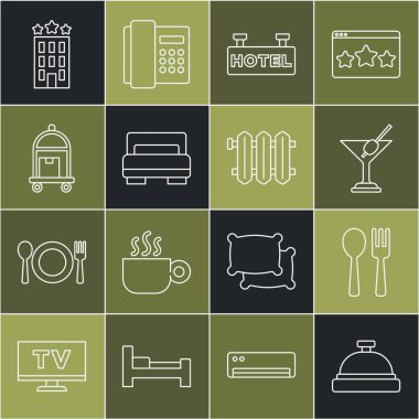 Otel servis zili, çatal ve kaşık, martini bardağı, yazılı pano, oda yatağı, valiz, bina ve ısıtma radyatörü ikonu. Vektör