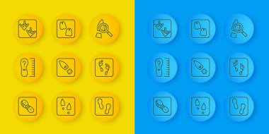 Çizgili insan ayak izleri, kare ölçü ayakkabıları, Kaz pençesi, ayak izli büyüteç ve deve ikonu. Vektör