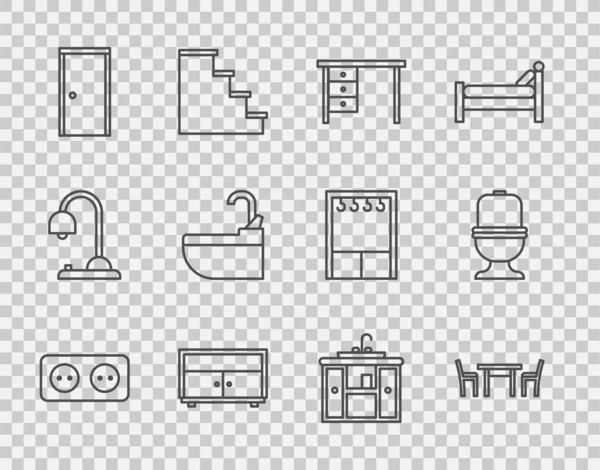 Set Line Toma Corriente Eléctrica Mesa Madera Con Silla Escritorio — Vector de stock