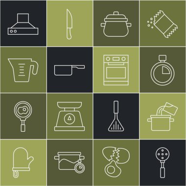 Spatula, yemek pişirme kabı, Stopwatch, Saucepan, Ölçme kabı, Mutfak sökücü fanı ve fırın ikonu. Vektör