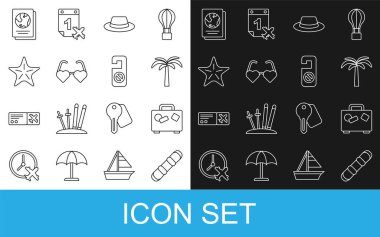 Çizgi, Snowboard, Bavul, Tropikal Palmiye, Kurdeleli Şapka, Kalp şeklinde aşk gözlükleri, Denizyıldızı, Pasaport ve lütfen ikonu rahatsız etmeyin. Vektör