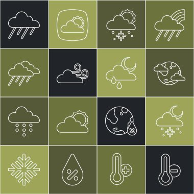 Meteoroloji termometresi, karlı ve güneşli bulut, Dünya gezegeni bulutları, rüzgarlı hava, yağmur ve ay ikonu. Vektör