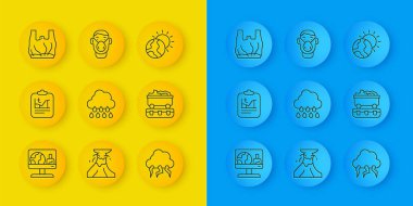 Hava tahminleri, küresel ısınma, yağmurlu bulut, fırtına, kömür treni, plastik torba posteri yok de ve yüz koruma maskesi ikonu. Vektör