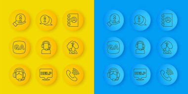 Hattı kulaklığı olan bir kadın, Soru ve Cevap, Adam, Telefon 24 saat desteği, Kafa soru işareti, Bilgi, Adres Defteri ve simgesi. Vektör