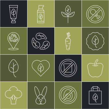 Geri dönüşümlü alışveriş poşeti, Apple, Yaprak ya da Yaprak, Vegan gıda diyeti, Organik Kozmetik ve Havuç ikonu. Vektör